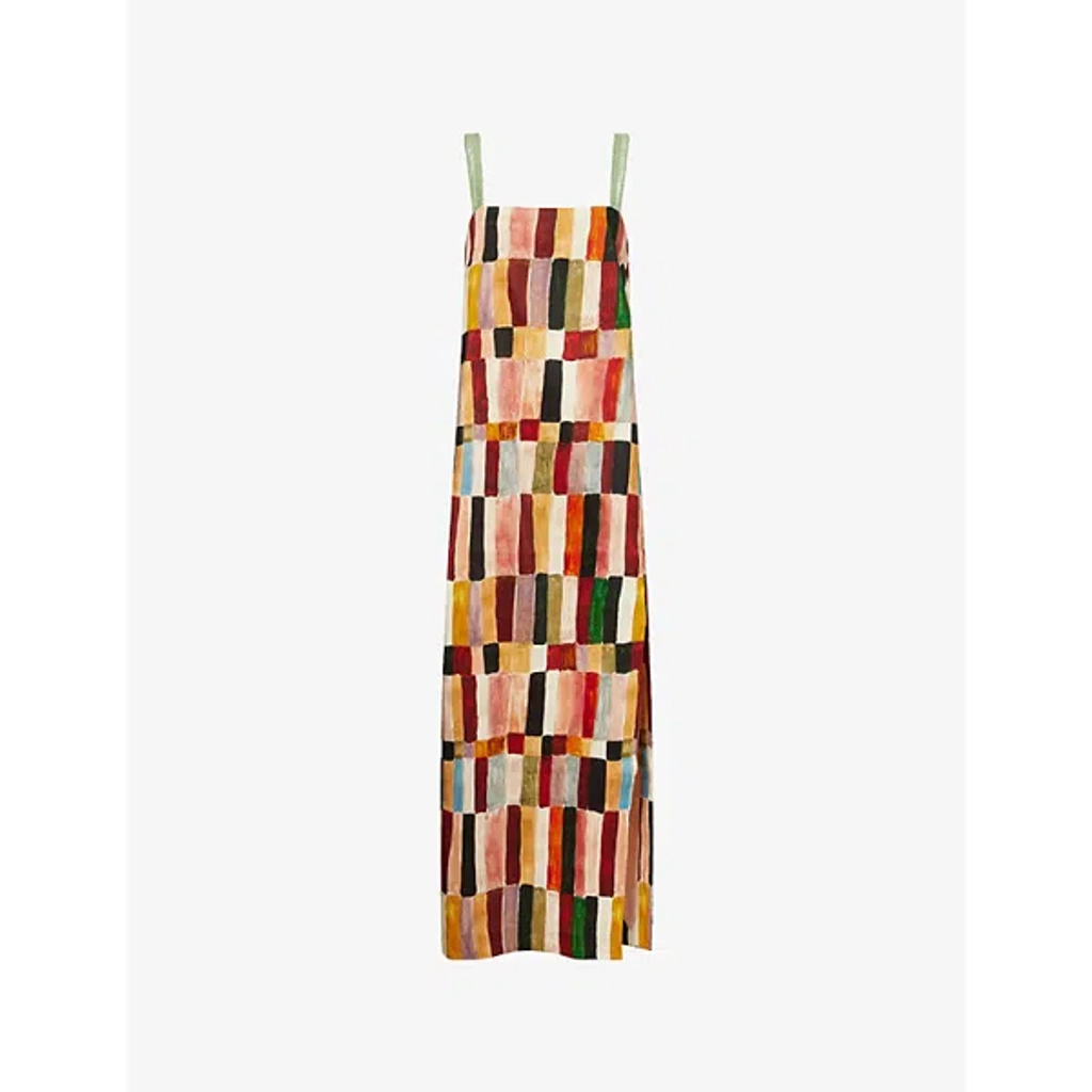 alémais women's grey marjorelle embellished linen-silk midi dress Alemais + Laurence Leenaert Bead-embellished Printed Linen And Silk-blend In Multi REGALO-ABANICO