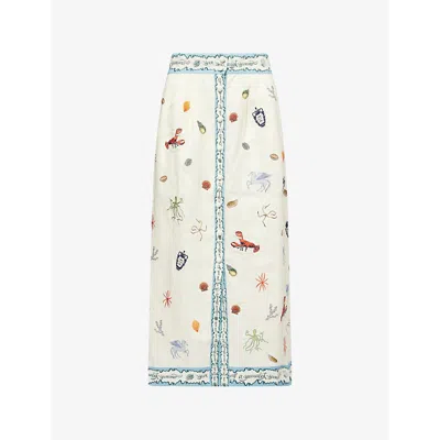 Alemais Sandy Embroidered Printed Linen Midi Skirt In Multi