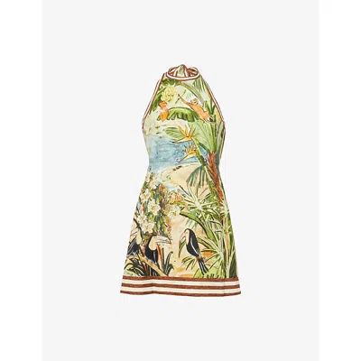 Alemais Toucan Tango Halterneck Printed Organic Cotton Mini Dress In Green
