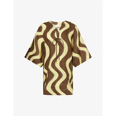 Alemais Womens Yellow Frankie Embroidered Linen Mini Dress In Brown