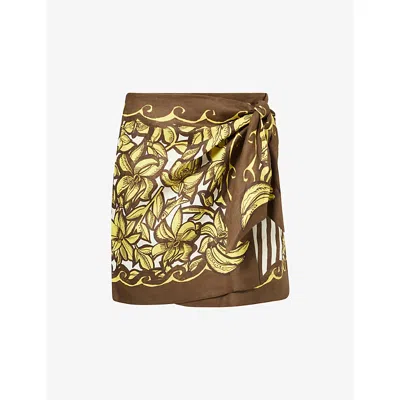 Alemais Womens Yellow Graphic-pattern Sarong Hemp Mini Skirt