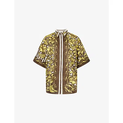 Alemais Womens Yellow Mona Graphic-pattern Hemp Shirt