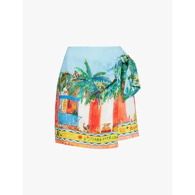 Alemais Womensall Aboard Graphic-print Side-tie Linen Mini Skirt In Multi