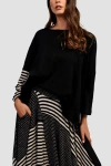 Alembika Boxy Tee With Striped-sleeve In Black/gray/beige Stripes