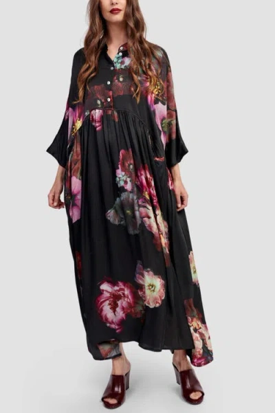 Alembika Dark Bloom Floral Oversized Satin Maxi In Black