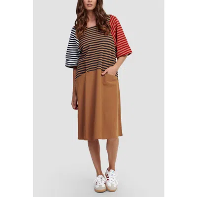 Alembika Mixed Media A-line Midi Dress In Camel/stripes