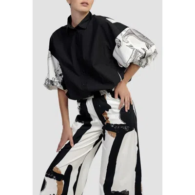 Alembika Mixed Print Button-up Shirt With Puff Sleeves In Black/white/mixed Prints