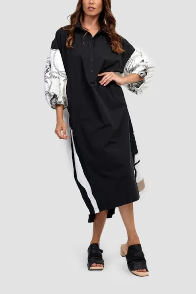 Alembika Oversized Shirt Dress With Puff Sleeves In Black/white
