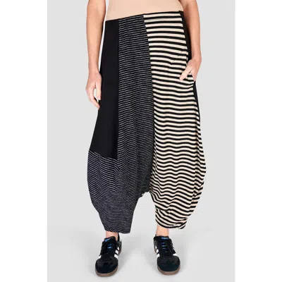Alembika Patchwork Harem- Style Oval Silhouette Pants In Black/beige Stripes