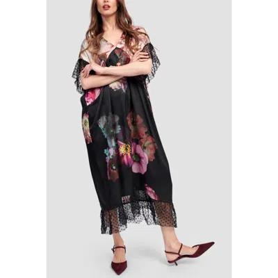 Alembika Romantic V-neck Mixed Floral Midi Dress In Black