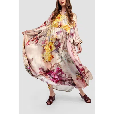 Alembika Rose-colored  Flowers Oversized Satin Maxi In Multi