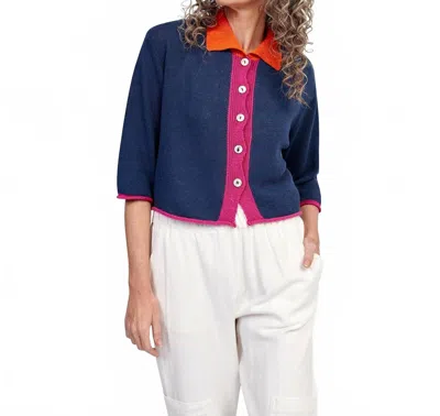Alembika Tri-color Collared Cardigan In Navy In Blue