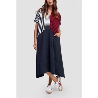 Alembika Tricolor Mixed Media V-neck Maxi Dress In Navy/red/white