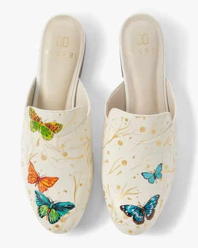 Alepel Women's Hand Painted Butterfly Mule Leather In White