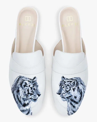 Alepel Women's Hand Painted Tiger Leather Mule In White