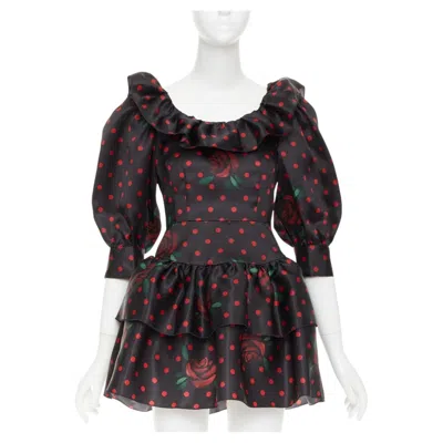 Pre-owned Alessandra Rich 2019 Polka Dot Rose Print Silk Ruffled Puff Sleeve Dress It38 Xs In Red