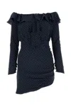 Alessandra Rich Off-shoulder Polka Dots Silk Mini Dress In Navybluewhite