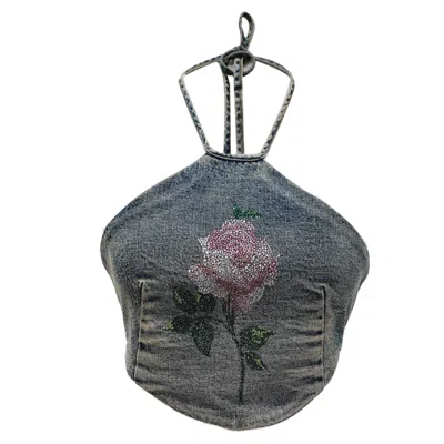 Alessandra Rich Alessanra Rich Crystal-embellished Halter Crop Top In Denim Blue Cotton In Gray