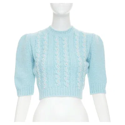 Pre-owned Alessandra Rich Alpaca Blend Pearl Embellished Cable Knit Cropped Pullover It36 In Blue