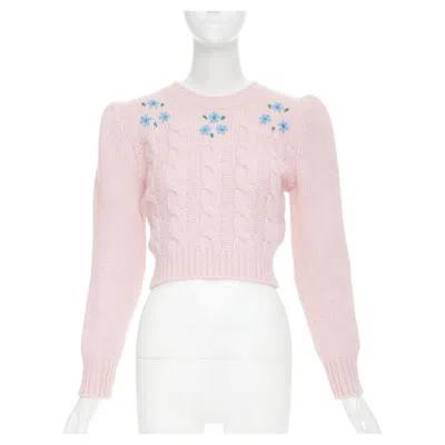 Pre-owned Alessandra Rich Alpaca Floral Embroidered Cable Knit Cropped Sweater It38 Xs In Beige