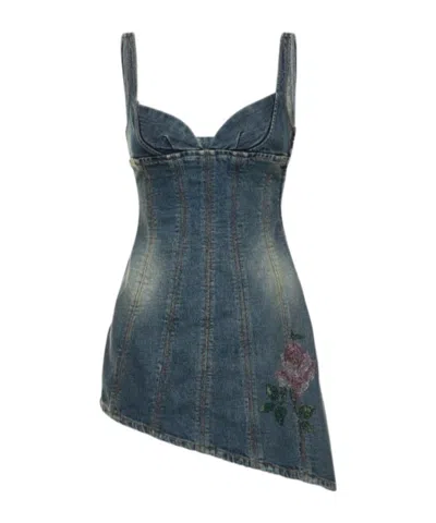 Alessandra Rich Asymmetric Denim Mini Dress In Blue