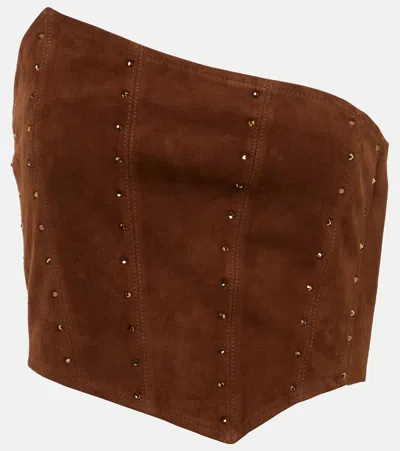 Alessandra Rich Asymmetrical Strapless Suede Top In Light Brown