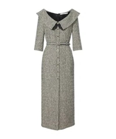 Alessandra Rich Belted Cotton And Wool-blend Tweed Midi Dress In Gray