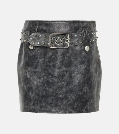 Alessandra Rich Leather Mini Skirt With Belt And Appliques In Gray