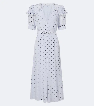 Alessandra Rich Belted Polka-dot Lace-trimmed Silk Midi Dress In Blue