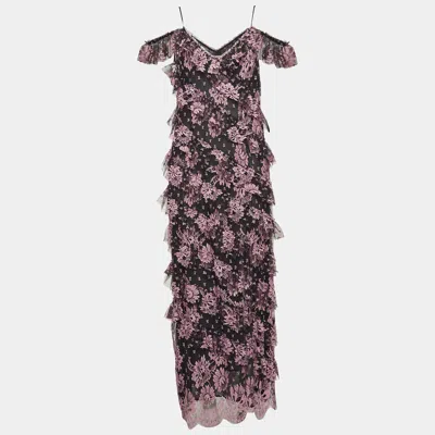Alessandra Rich Black Floral Lace Ruffled Mid Dress