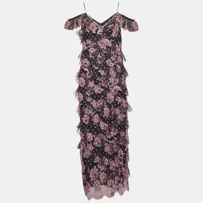 Pre-owned Alessandra Rich Black Floral Lace Ruffled Mid Dress M