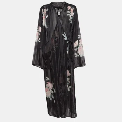 Pre-owned Alessandra Rich Black Floral Print Lurex Silk Maxi Wrap Dress M