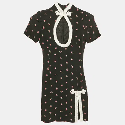 Pre-owned Alessandra Rich Black Floral Print Silk Braided Cut-out Mini Dress Xs