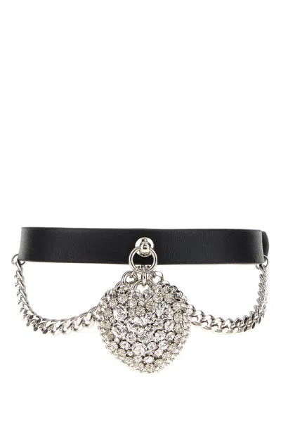 Alessandra Rich Black Leather Heart Choker