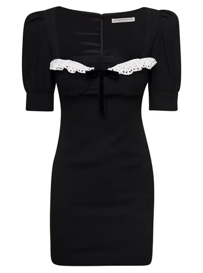Alessandra Rich Black Mini Dress With Lace Detail On The Front In Wool Woman In Multicolor