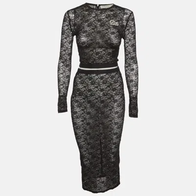 Alessandra Rich Black Rhinestone Stretch Lace Sheer Top