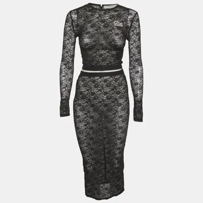 Pre-owned Alessandra Rich Black Rhinestone Stretch Lace Sheer Top M