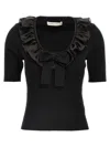 Alessandra Rich T-shirt With Ruffle And Bow Detail In Black