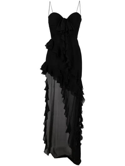 ALESSANDRA RICH BLACK RUFFLES DETAIL EVENING DRESS