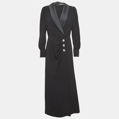 Pre-owned Alessandra Rich Black Satin Trim Crepe Hollywood Crystal Detail Maxi Dress M