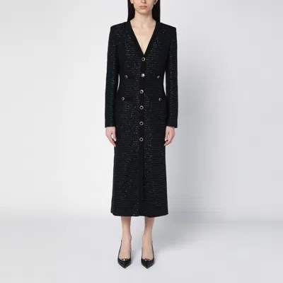 ALESSANDRA RICH BLACK SEQUIN TWEED MIDI DRESS WITH BUTTONS