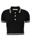 Alessandra Rich Braided Cotton Polo Shirt With Contrast Details In Blackwhite