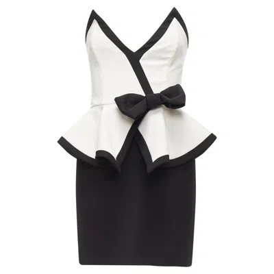 Alessandra Rich Black White Graphic Colorblocked Peplum Cocktail Dress It38 Xs In Multi