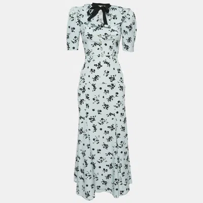Pre-owned Alessandra Rich Blue Floral Print Silk Ruffled Neck Maxi Dress Xs