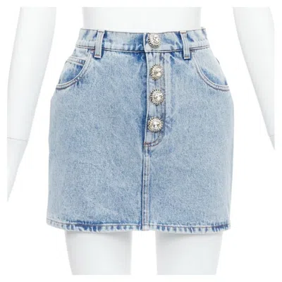Pre-owned Alessandra Rich Blue Washed Denim Clear Crystal Embellished Mini Skirt 26‚äù