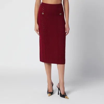 Alessandra Rich Bordeaux Merino Wool Lace Knit Midi Skirt In Burgundy