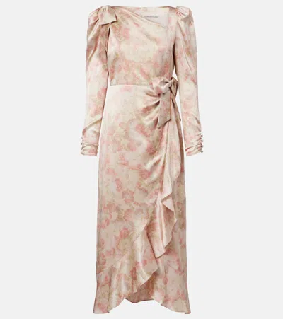 Alessandra Rich Bow-detail Floral Silk Satin Midi Dress In Brown