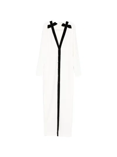 Alessandra Rich Bow-detailed Velvet-trimmed Stretch-cady Midi Dress In White