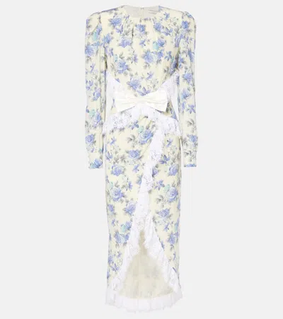 Alessandra Rich Bow-detail Lace-trimmed Silk Maxi Dress In Blue