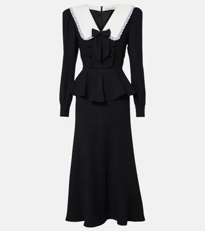 Alessandra Rich Envers Lace And Mikado-trimmed Crepe De Chine Peplum Midi Dress In Black